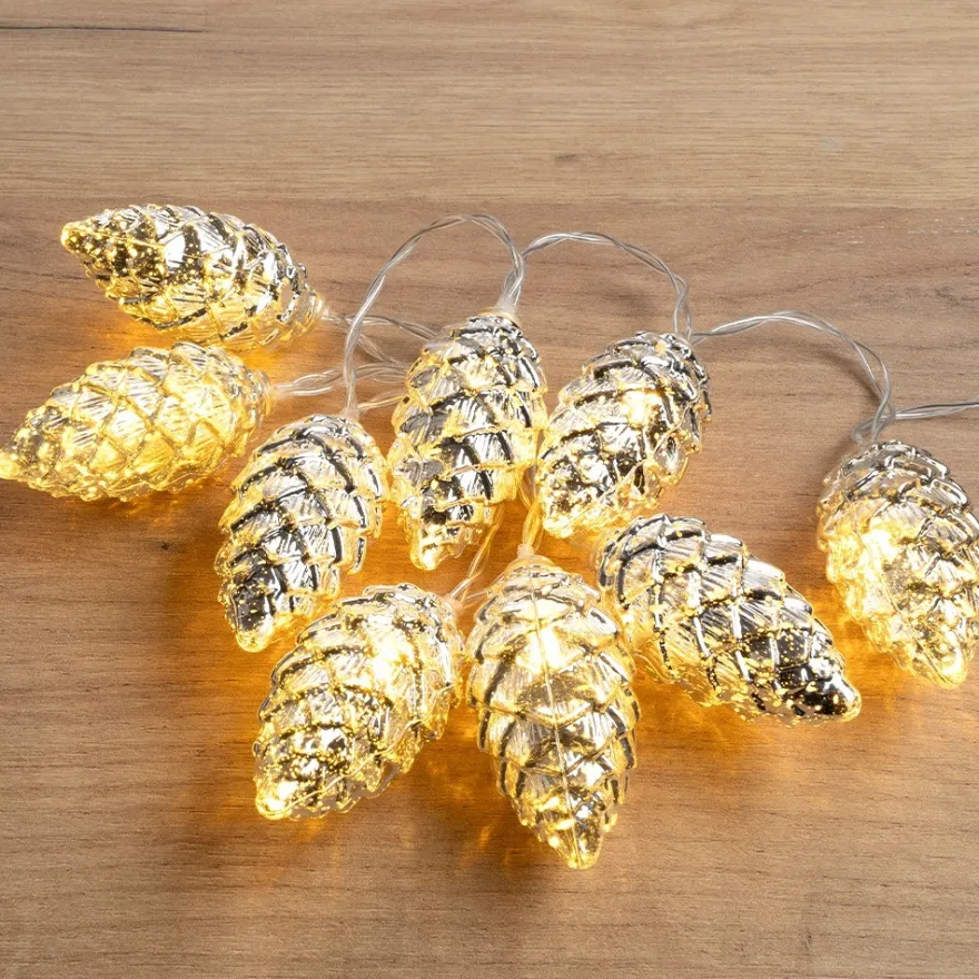 LED-Lichterkette Tannenzapfen, silber, 10 LEDs in Warmweiß, 1,20m lang, Timer