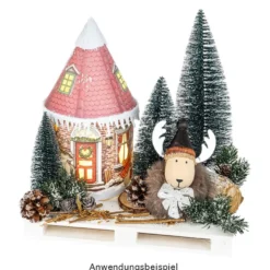 LED-Lichthaus, Nostalgische Weihnacht 1, Ø 11cm, 22cm hoch, inkl. Draht-Lichterkette, mit Timer