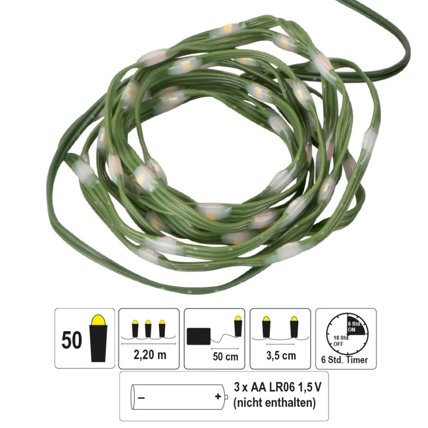 LED-Micro-Lichterkette, warmweiß, inkl. Timer, grünes Soft-Kabel, 50er