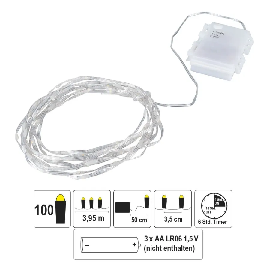 LED-Micro-Lichterkette, warmweiß, inkl. Timer, transparentes Soft-Kabel, 100er