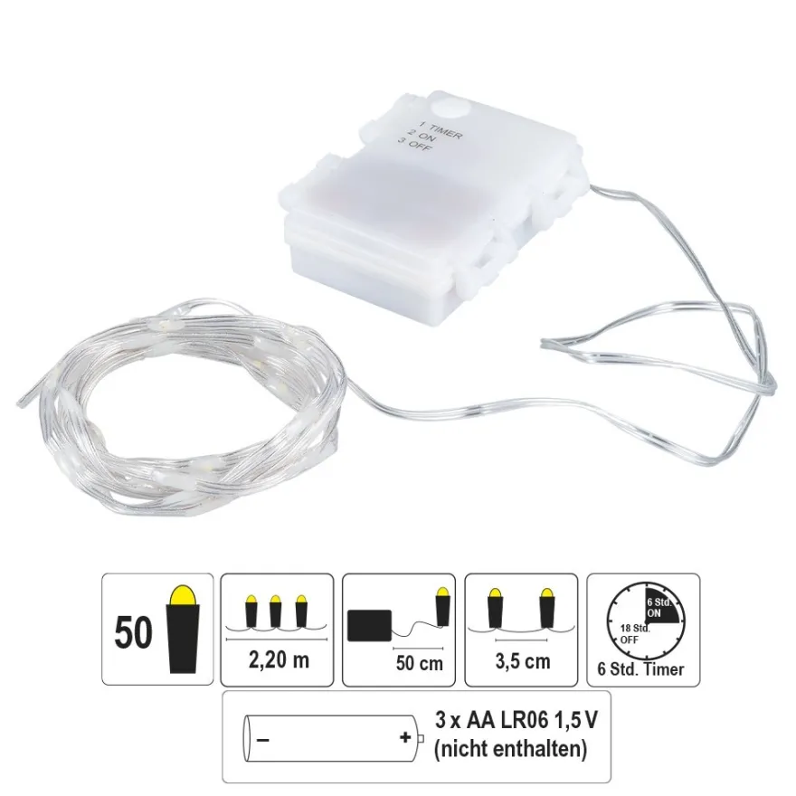 LED-Micro-Lichterkette, warmweiß, inkl. Timer, transparentes Soft-Kabel, 50er