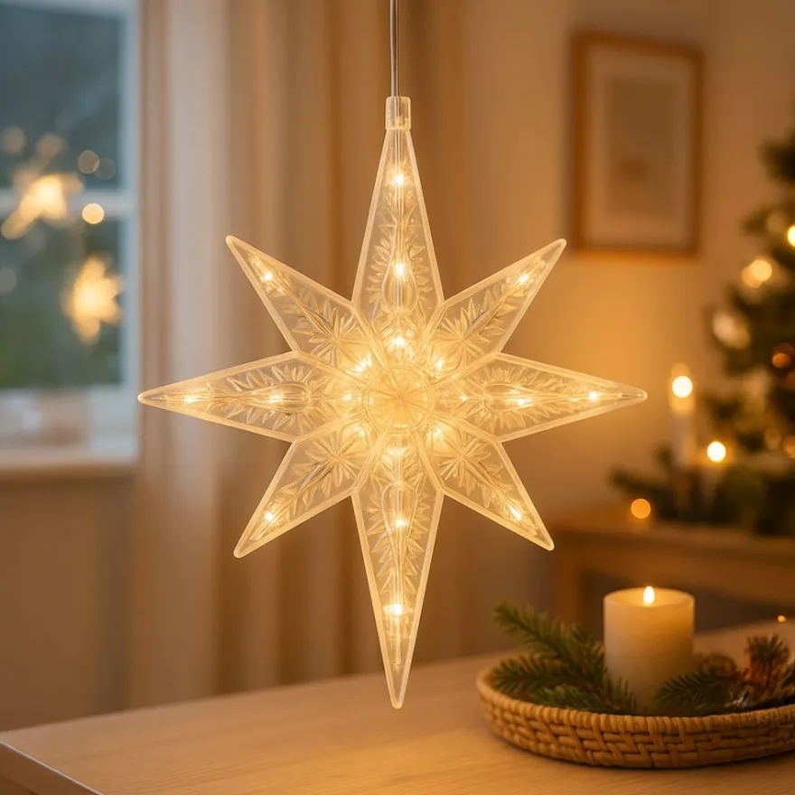 LED-Octa-Sterne, 21,3cm x 16,4cm, warmweiß, transparent, klar, inkl. Timer, 2 Stück
