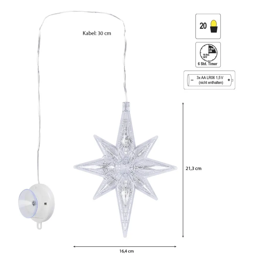 LED-Octa-Sterne, 21,3cm x 16,4cm, warmweiß, transparent, klar, inkl. Timer, 2 Stück
