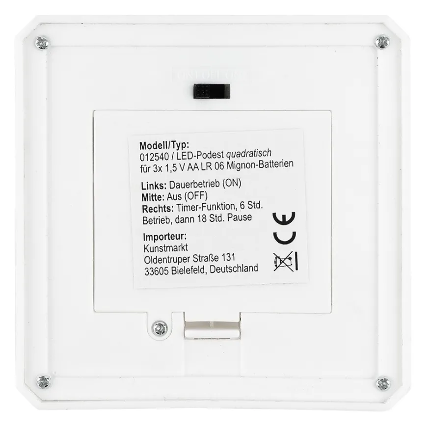 LED-Podest, quadratisch, 9cm x 9cm x 4,2cm, weiß, 6 LEDs, warmweiß, Timer-Funktion