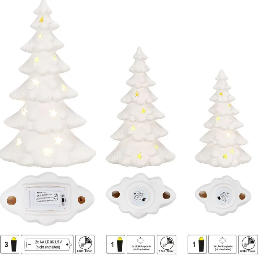LED-Porzellan-Tannen, 19 bis 31cm hoch, mit Timer, 3 Stück