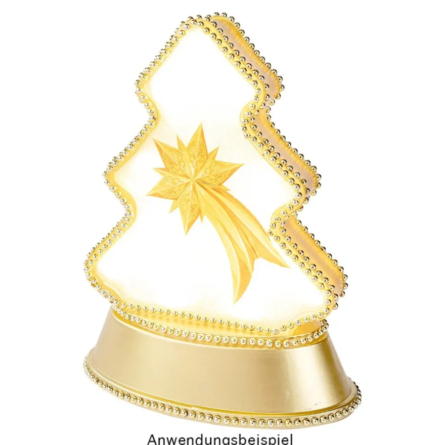 LED-Relaxleuchte, Tannenbaum, 14,5cm x 12cm, Diamant-Lichteffekt-Folie, inkl. Batterien, hellgold