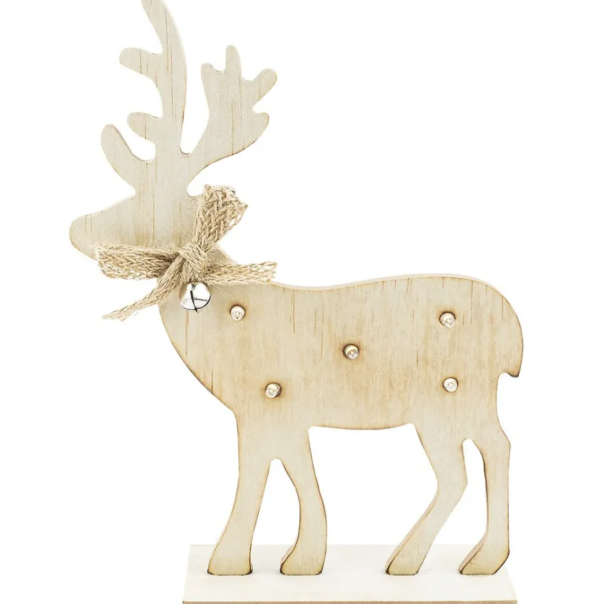 LED-Rentier, Holz, Rentier: 23cm x 17cm x 0,5cm, mit Fuß, 5 LEDs, warmweiß