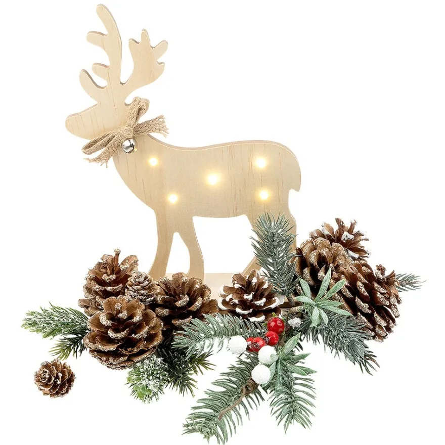 LED-Rentier, Holz, Rentier: 23cm x 17cm x 0,5cm, mit Fuß, 5 LEDs, warmweiß