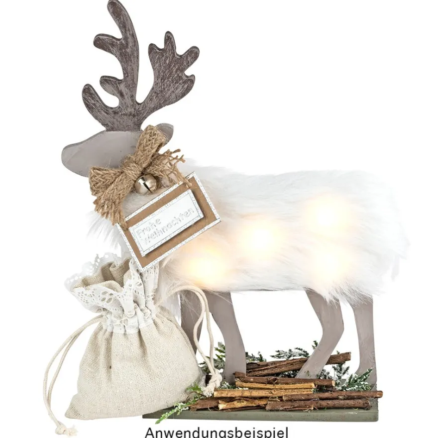 LED-Rentier, Holz, Rentier: 23cm x 17cm x 0,5cm, mit Fuß, 5 LEDs, warmweiß