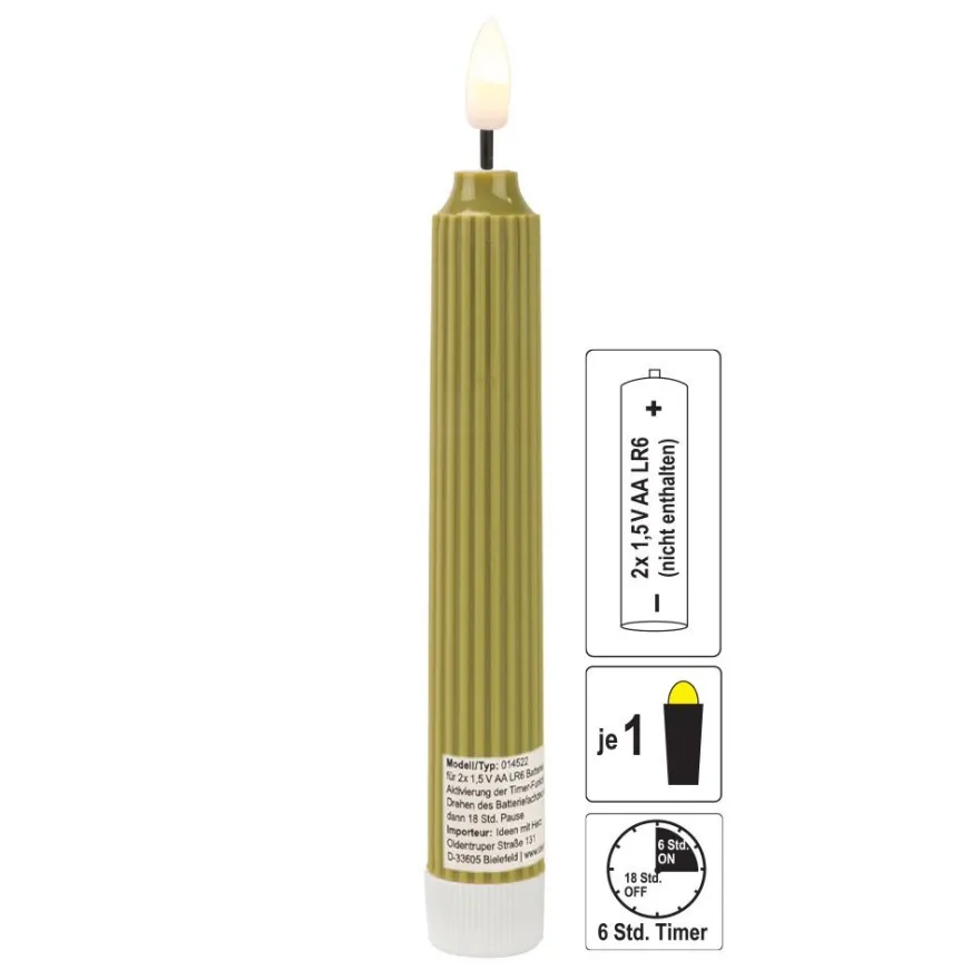 LED-Stabkerzen, grün, Ø2cm, 19cm hoch, LED in warmweiß, mit Flacker-Effekt und Timer, 2 Stück