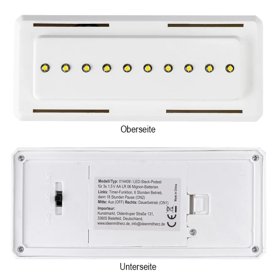LED-Steck-Podest Rechteck, 15cm x 6,5cm x 4cm, inkl. Timer