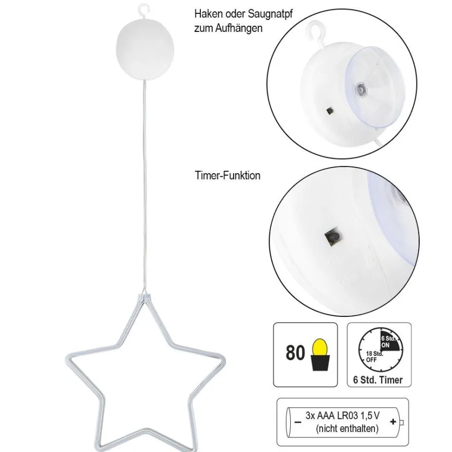 LED-Stern, 24,5cm x 23,5cm x 1,3cm, Lichterband in warmweiß, inkl. Timer