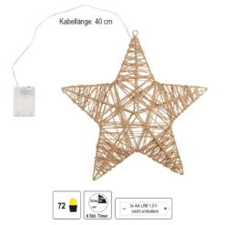 LED-Stern mit Hanfseil, zum Aufhängen, 72 LEDs, warmweiß, inkl. Timer
