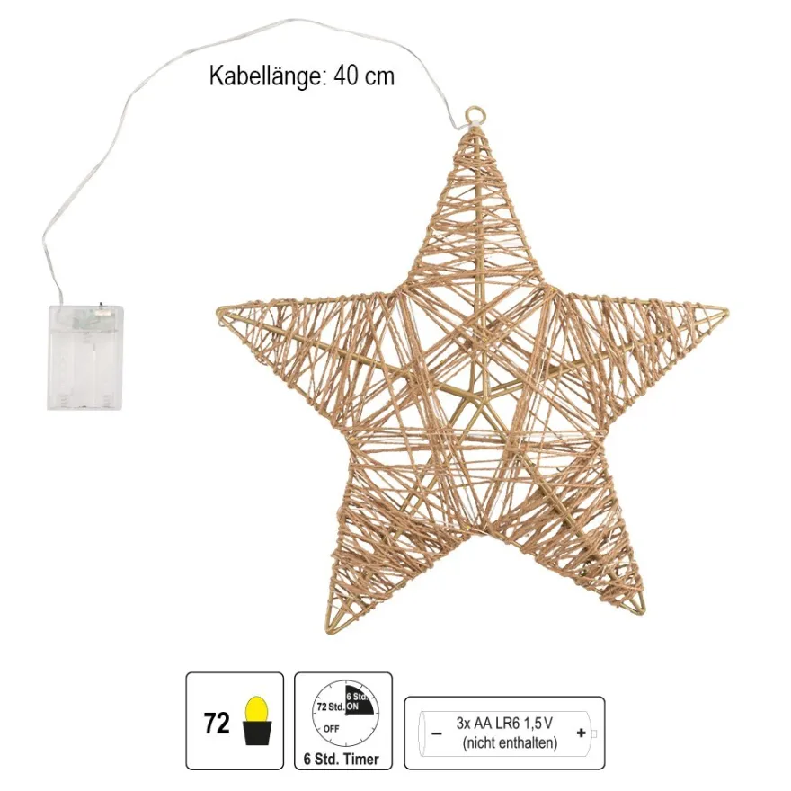 LED-Stern mit Hanfseil, zum Aufhängen, 72 LEDs, warmweiß, inkl. Timer