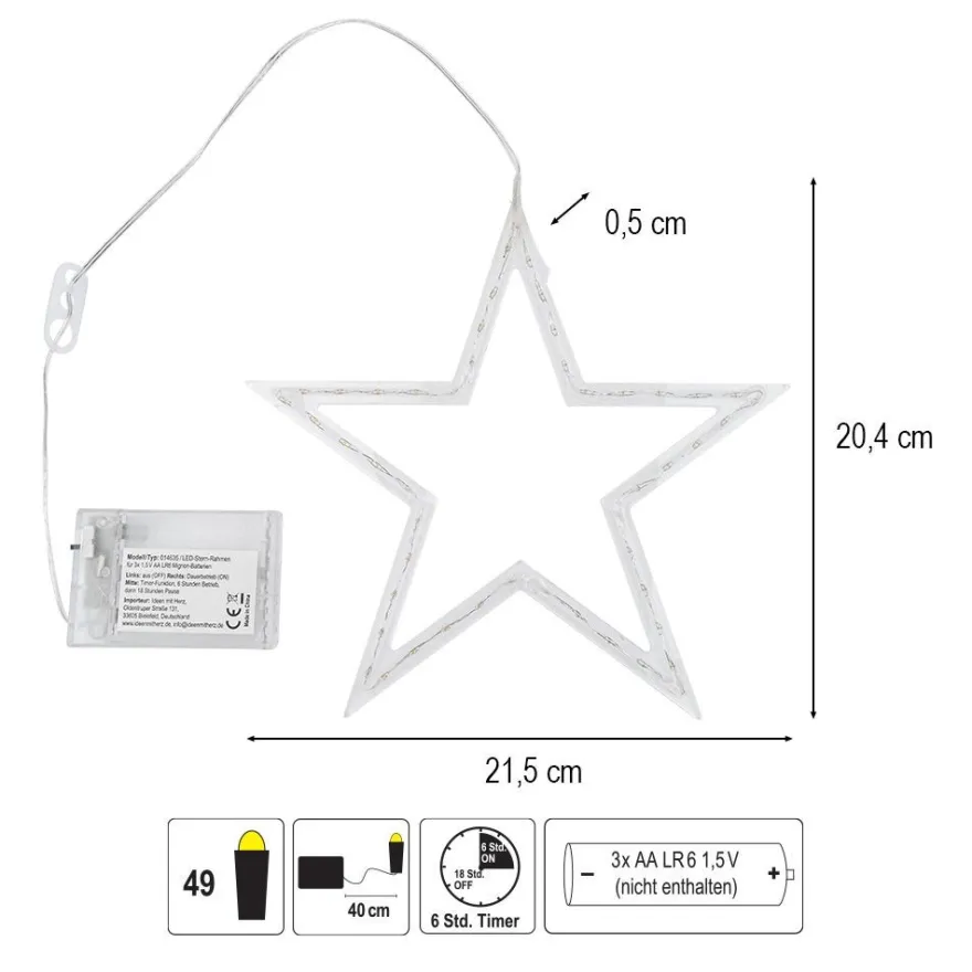 LED-Stern-Rahmen zum Aufhängen, 2 Größen, 26/49 LEDs in Warmweiß, Timer-Funktion, 2 Stück