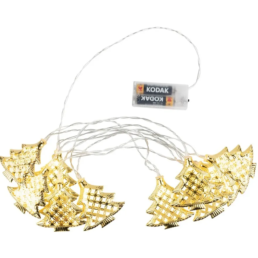 LED-Tannenbaum-Lichterkette, 10 LED-Lämpchen warmweiß mit goldenen Tannenbäumen