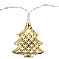 LED-Tannenbaum-Lichterkette, 10 LED-Lämpchen warmweiß mit goldenen Tannenbäumen