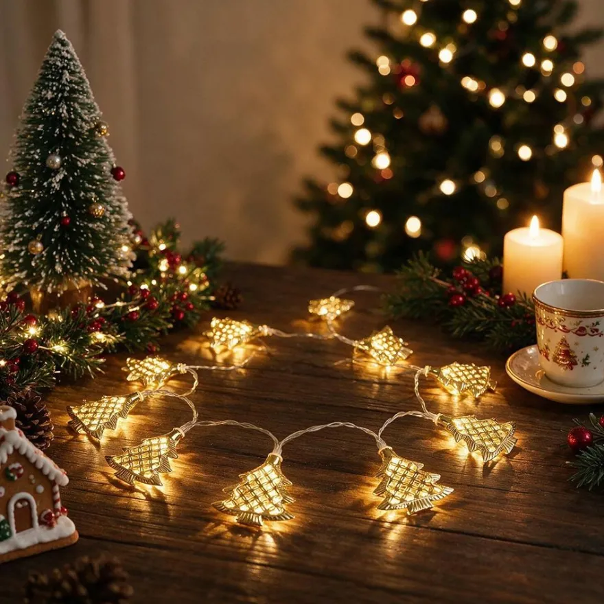 LED-Tannenbaum-Lichterkette, 10 LED-Lämpchen warmweiß mit goldenen Tannenbäumen