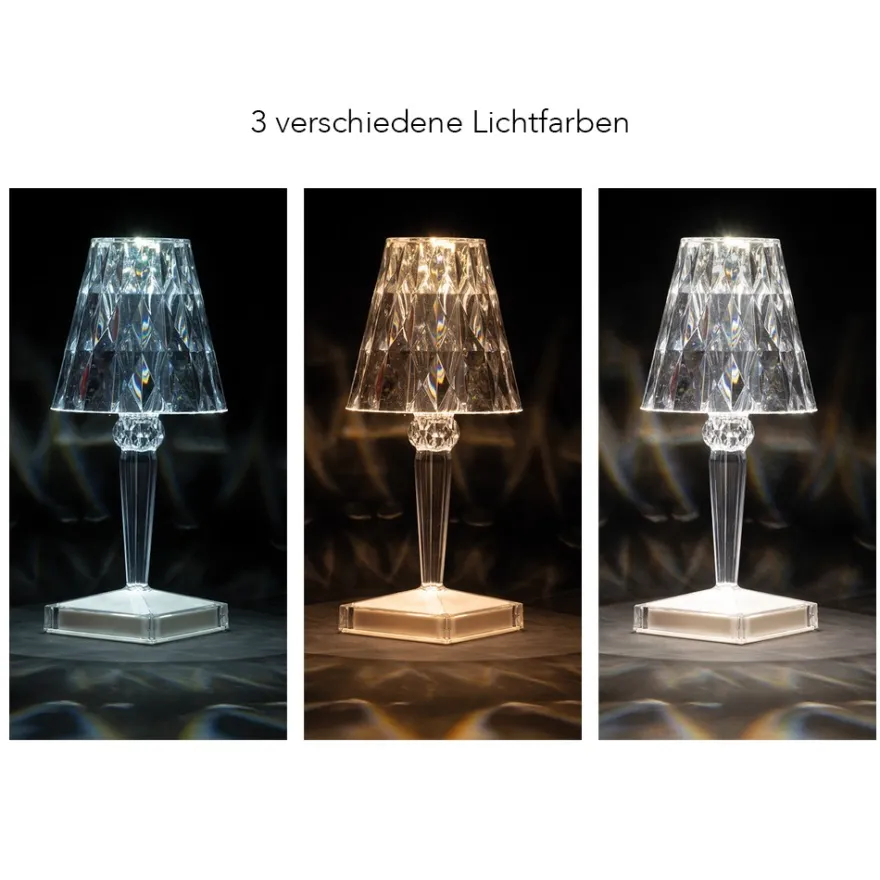 LED-Tischlampe, Kristalloptik, 25,5cm hoch, dimmbar, wiederaufladbar