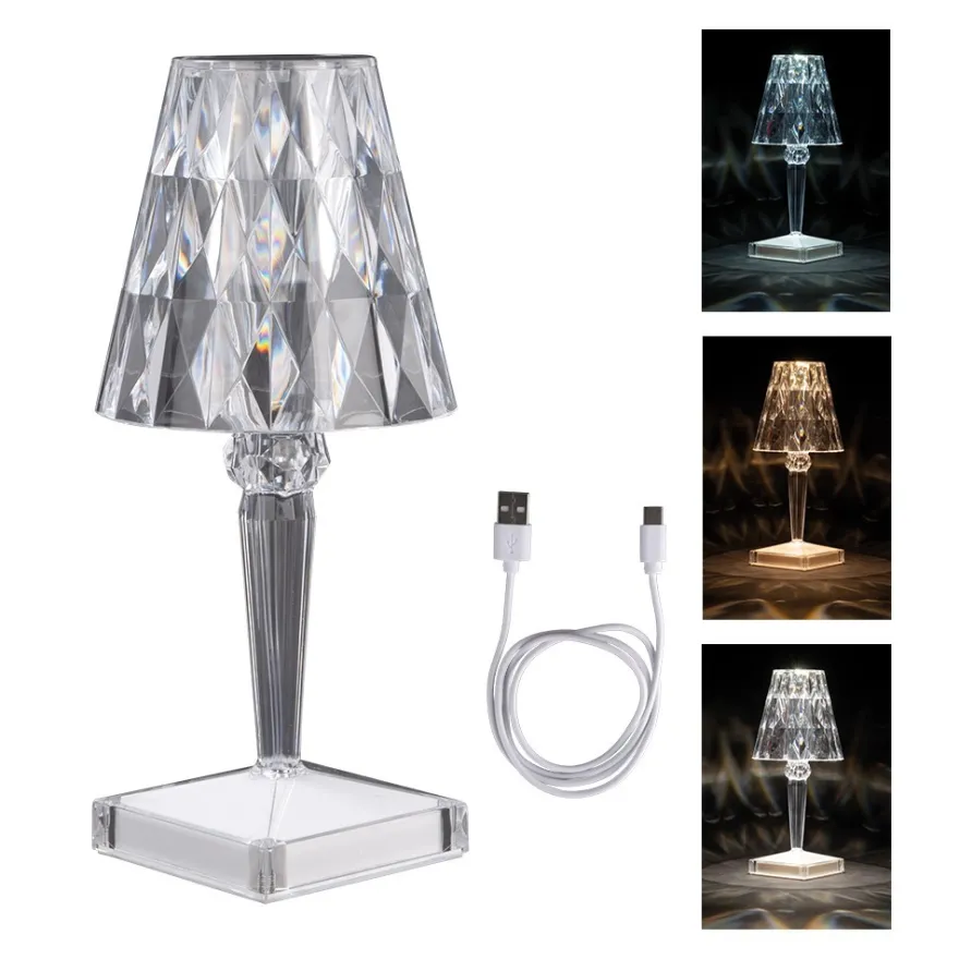 LED-Tischlampe, Kristalloptik, 25,5cm hoch, dimmbar, wiederaufladbar