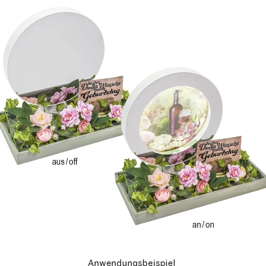Magic Mirror, 20,2cm x 6,5cm x 25cm, 8 LEDs, inkl. 10 Motiv-Rückscheiben, inkl. Timer