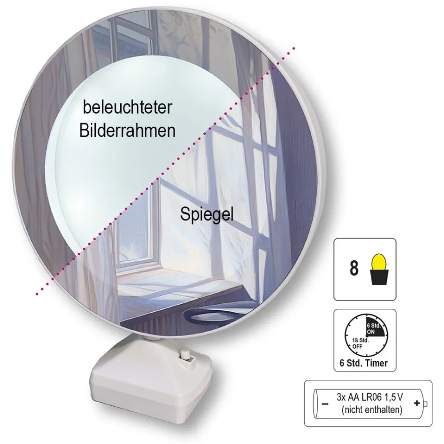 Magic Mirror, 20,2cm x 6,5cm x 25cm, 8 LEDs, inkl. 10 Motiv-Rückscheiben, inkl. Timer