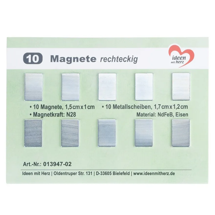 Magnete rechteckig, 10 Magnete 1,5cm x 1cm, 10 Metallscheiben 1,7cm x 1,2cm, 10 Stück