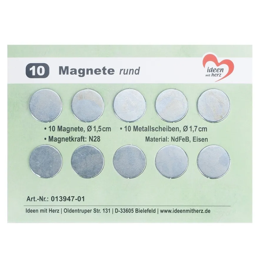 Magnete rund, 10 Magnete Ø 1,5cm, 10 Metallscheiben Ø 1,7cm, 10 Stück