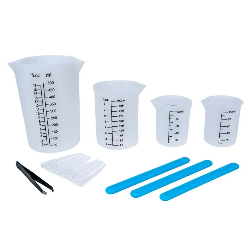 Messbecher, Silikon, mit Zubehör: 4 Messbecher, 3 Rührstäbe, 10 Pipetten, 1 Pinzette, 18-teilig