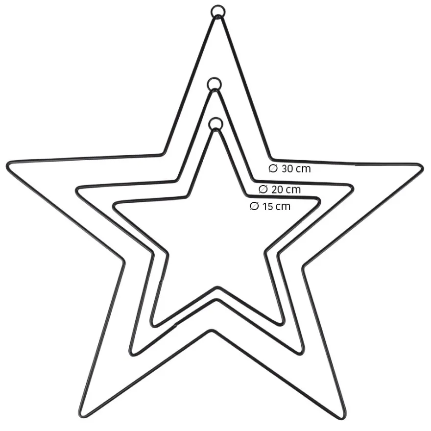 Metallringe in Sternform, 3mm stark, Ø 15cm, Ø 20cm, Ø 30cm, mit Aufhänge-Öse, schwarz, 3 Stück