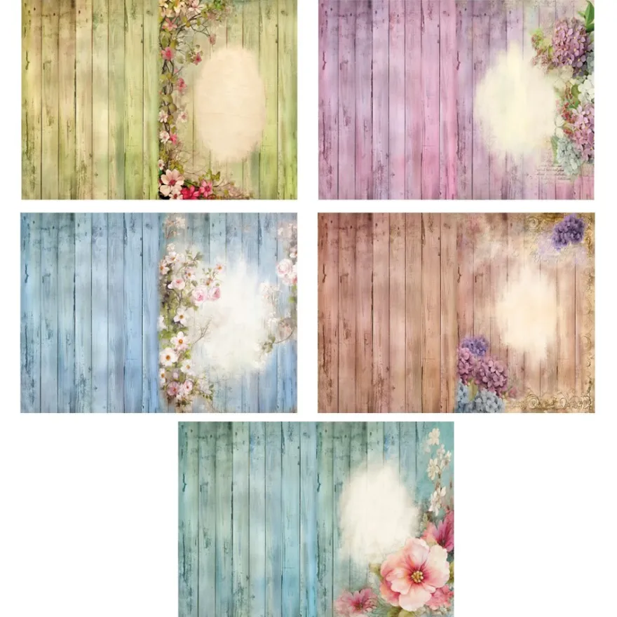 Motiv-Grußkarten, Holzoptik & Blumen, 5 Designs, 11,5cm x 16,5cm, inkl. Umschläge, 10 Stück