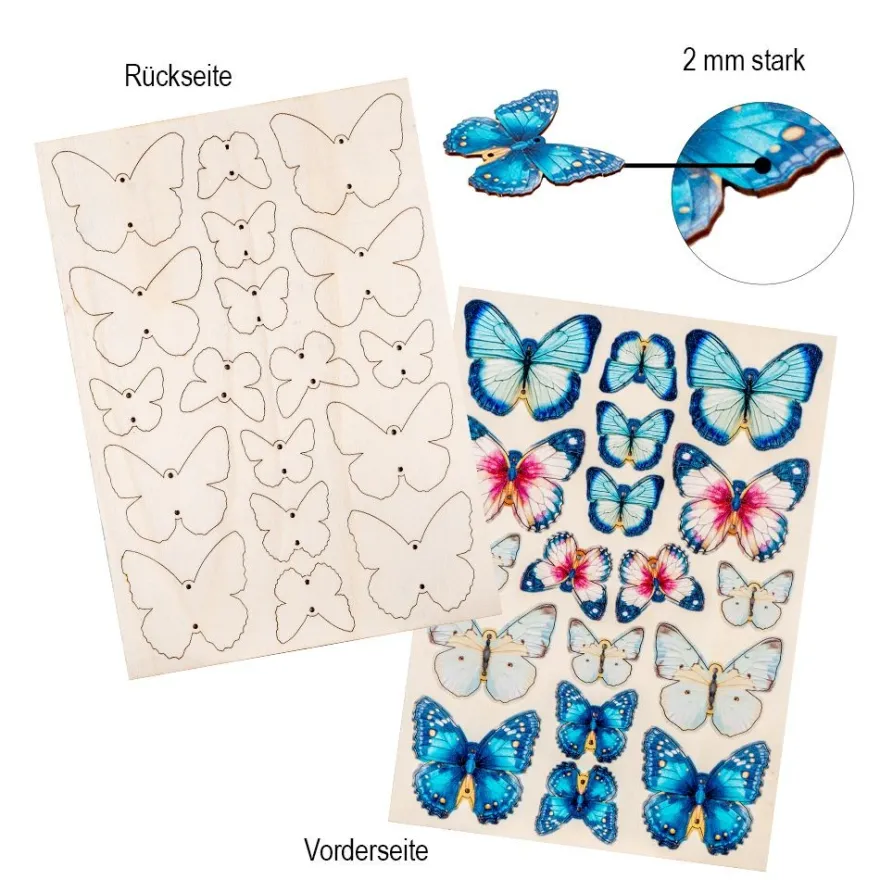 Motiv-Holz-Laserbogen, Schmetterlinge & Vögel, DIN A4, 2mm stark, farbig bedruckt, 5 Stück
