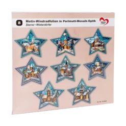 Motiv-Windradfolien, Perlmutt-Mosaik-Optik, Sterne, Winterdörfer, 23,8cm x 24,9cm, 8 Designs, 8 Stk
