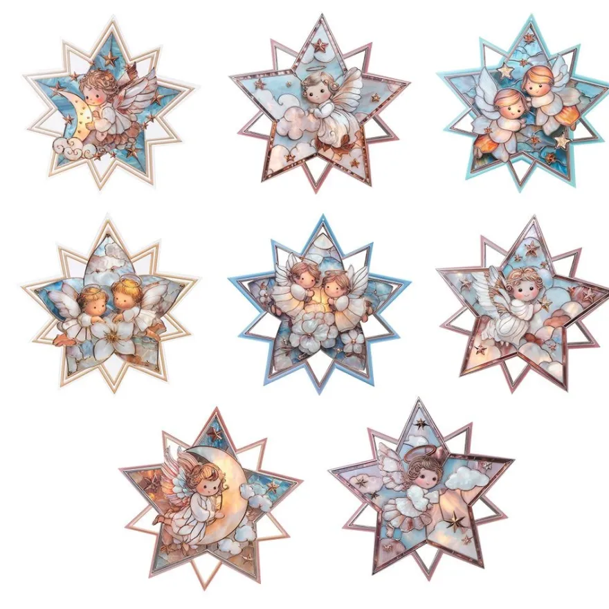 Motiv-Windradfolien, Perlmutt-Mosaik-Optik, Sterne, Engel, 24,9cm x 25cm, 8 Designs, 8 Stück