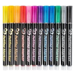 Outline-Marker, 12 Farben mit schimmerndem Glanz in Silber, Stiftspitze 3,5mm, 12 Stück