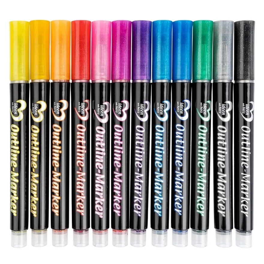 Outline-Marker, 12 Farben mit schimmerndem Glanz in Silber, Stiftspitze 3,5mm, 12 Stück