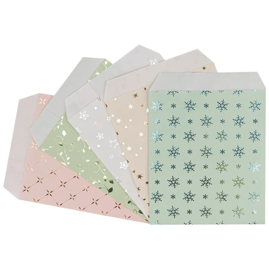 Papier-Flachbeutel, 13cm x 18cm, 5 Farben mit Foliendruck, 50 Stück