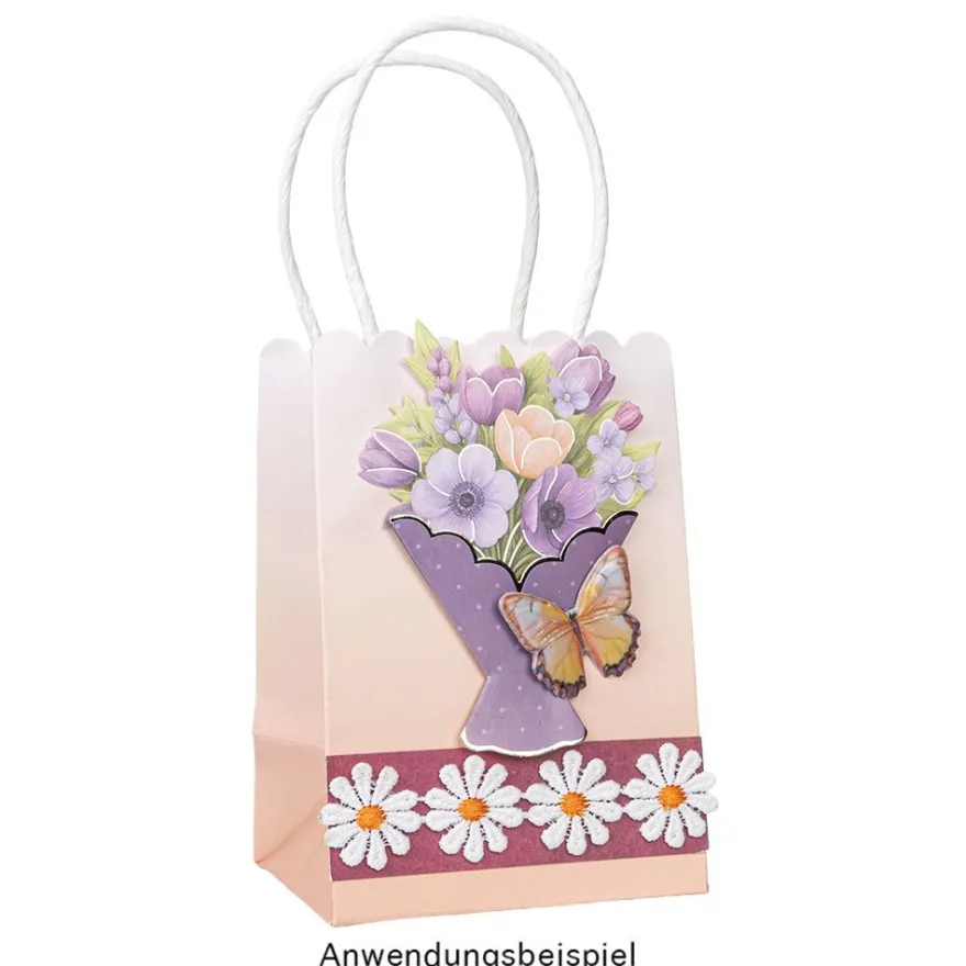 Papiertaschen, Farbverlauf, mit Henkel, 14cm x 10cm x 8cm, mit Wellenrand, 3 Farbvarianten, 6 Stück