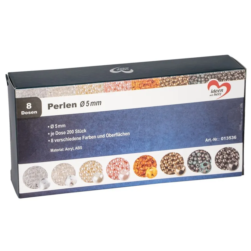 Perlen, Ø 5mm, je Dose 200 Stück, 8 versch. Farben und Oberflächen, 8 Dosen