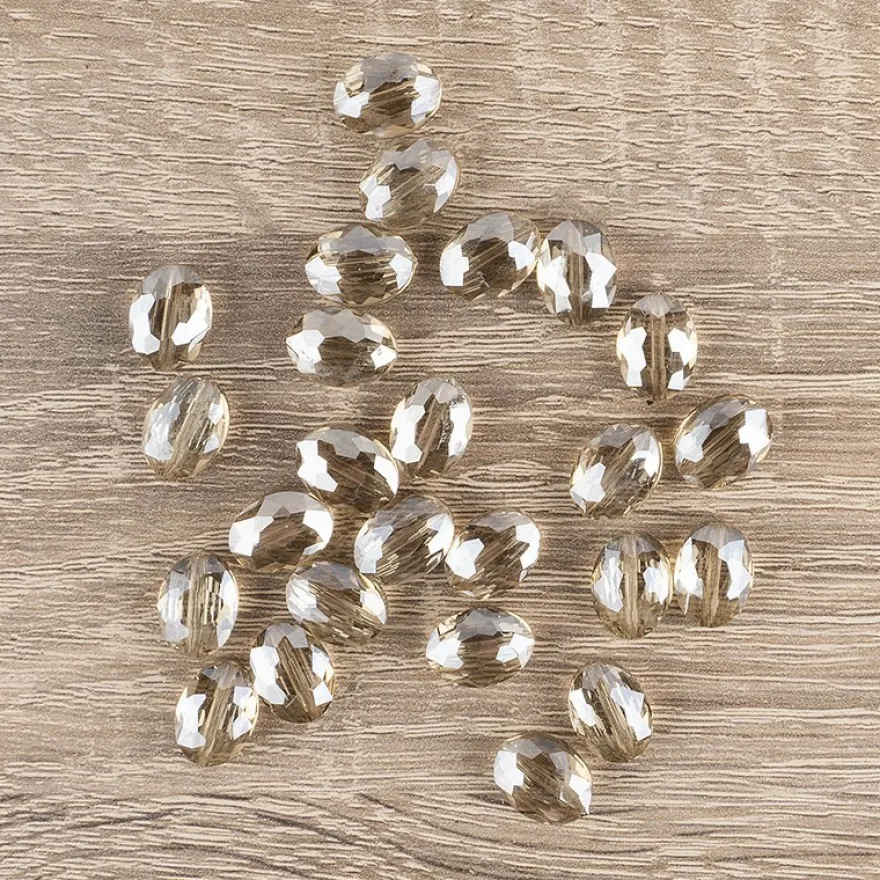 Perlen, oval, flach, 0,9cm x 1,2cm, facettiert, transparent, taupe, 25 Stück