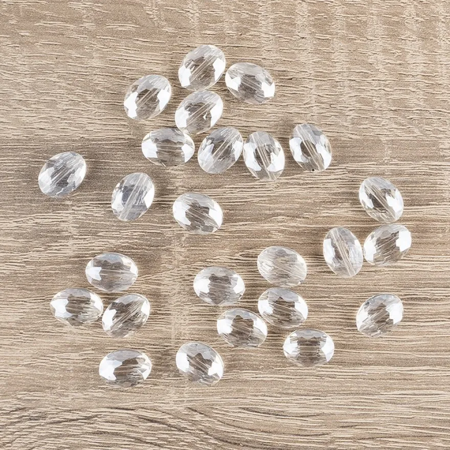 Perlen, oval, flach, 0,9cm x 1,2cm, facettiert, transparent, klar, irisierend, 25 Stück