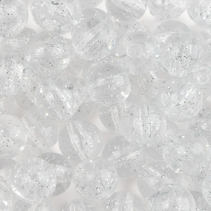 Perlen, rund mit Glitzer, Ø 0,9cm, transparent, klar, mit silbernem Glitzer, 100 Stück