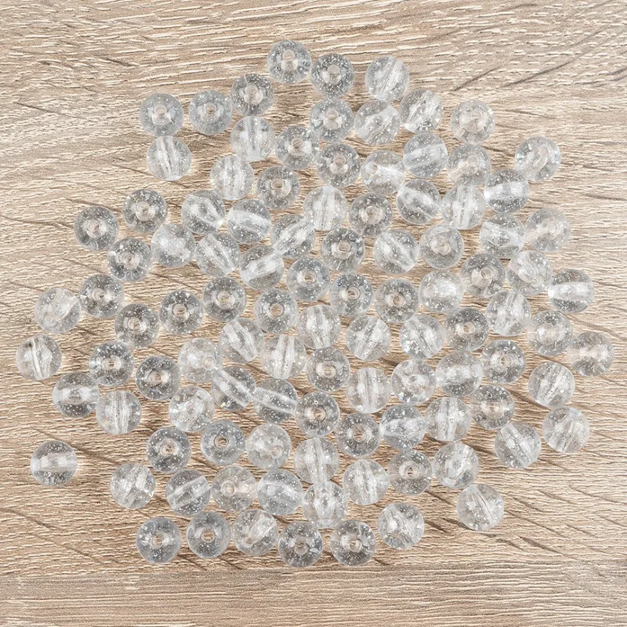 Perlen, rund mit Glitzer, Ø 0,9cm, transparent, klar, mit silbernem Glitzer, 100 Stück