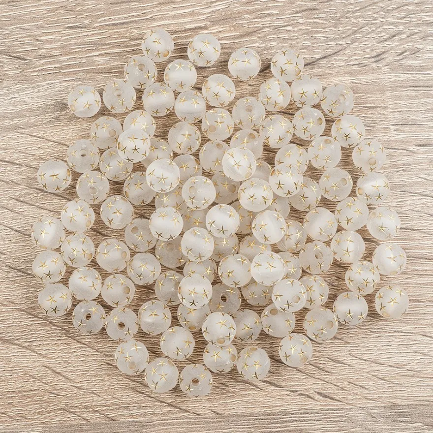 Perlen, rund mit Sternen, Ø 0,9cm, transluzent, klar, gold, 100 Stück