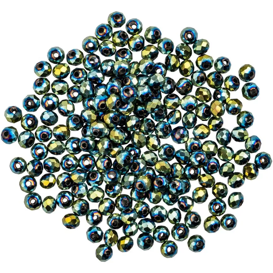 Perlen, rund, Ø 4mm, facettiert, grünblau-changierend, metallic, 180 Stück
