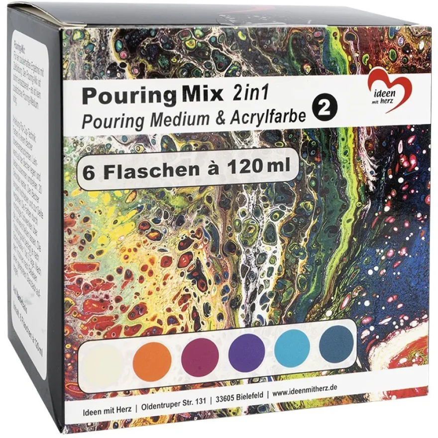 Pouring-Mix 2, 2 in 1, Pouring-Medium & Acrylfarbe, 6 Flaschen, 120ml