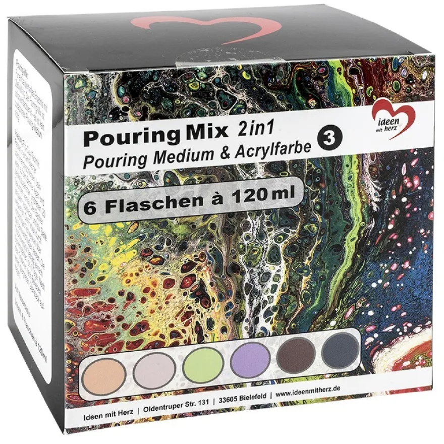 Pouring-Mix 3, 2 in 1, Pouring-Medium & Acrylfarbe, 6 Flaschen, 120ml