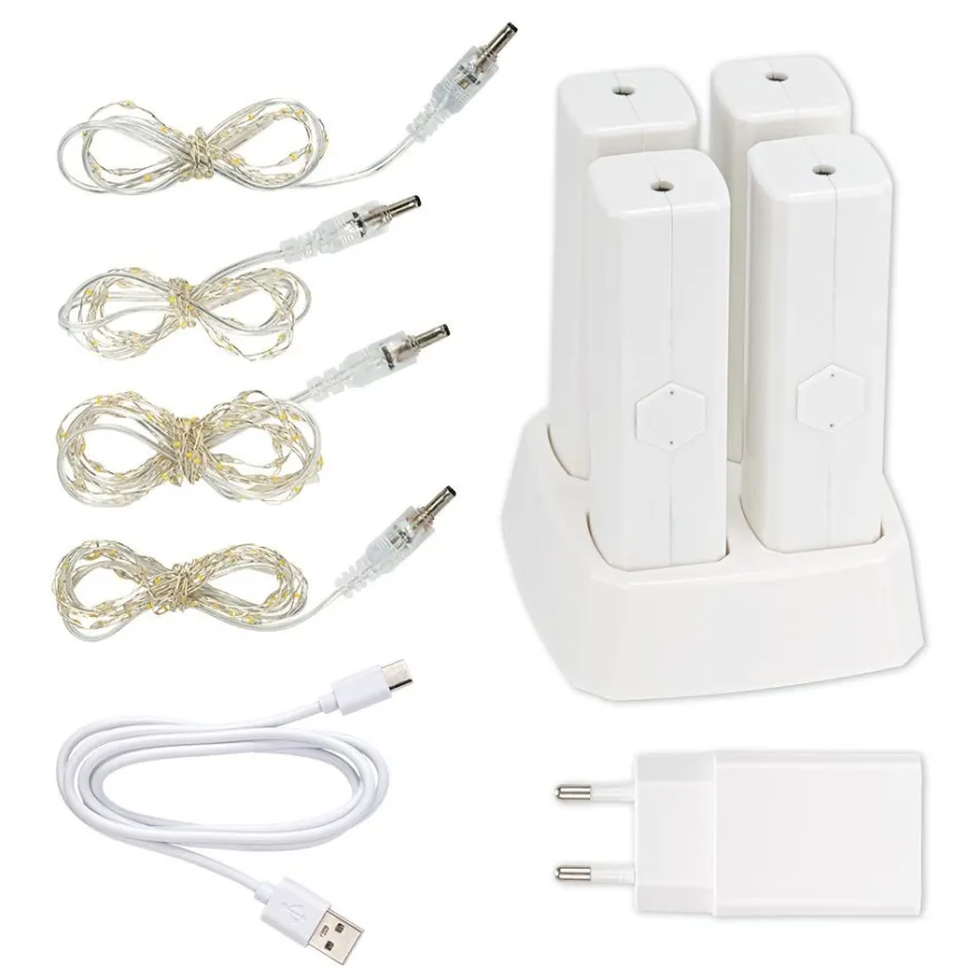 Powerbanks mit Ladestation, inkl. 4 LED-Drahtlichterketten mit Timer, 11-teilig