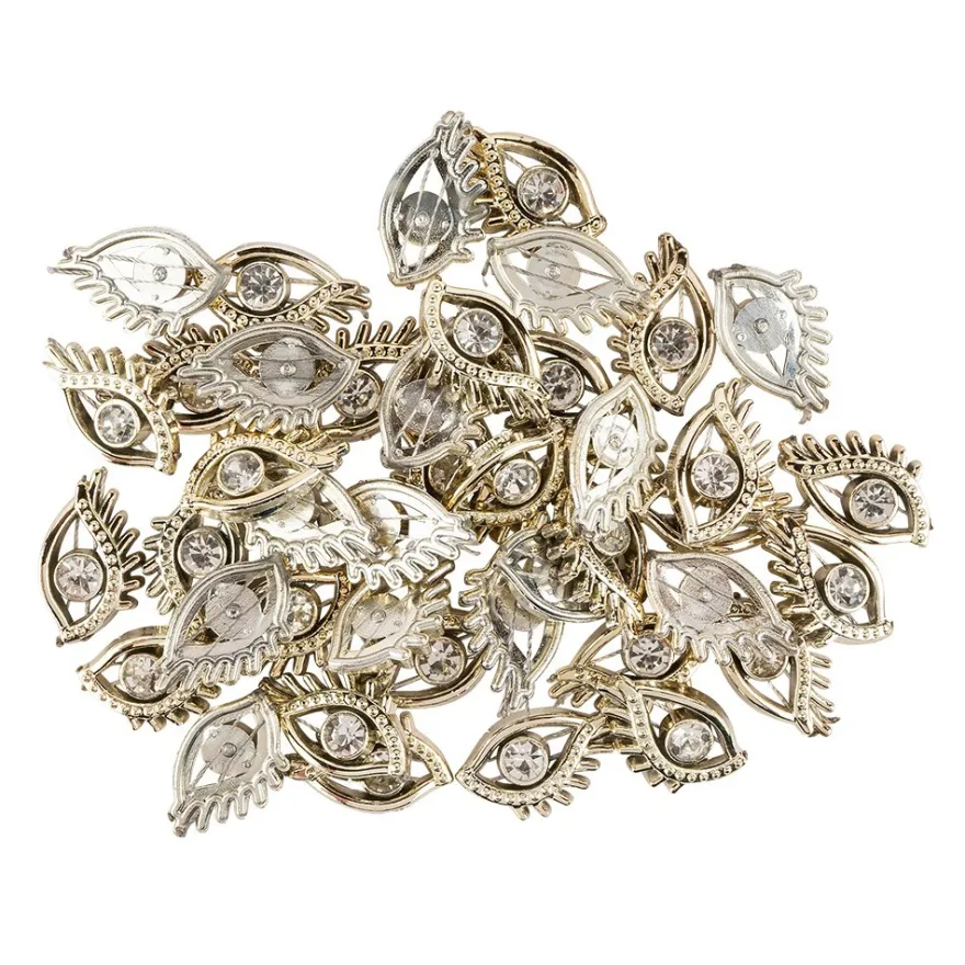 Premium-Schmucksteine, Augenpaar, 2,2cm x 1,4cm x 0,4cm, hellgold, mit Glaskristallen, 40 Stück