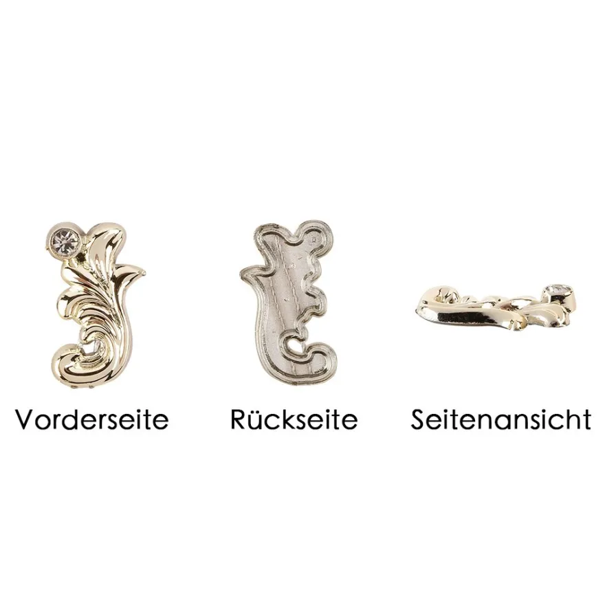 Premium-Schmucksteine, Ranken-Ornament, 1,1cm x 2cm x 0,3cm, hellgold, mit Glaskristallen, 45 Stück